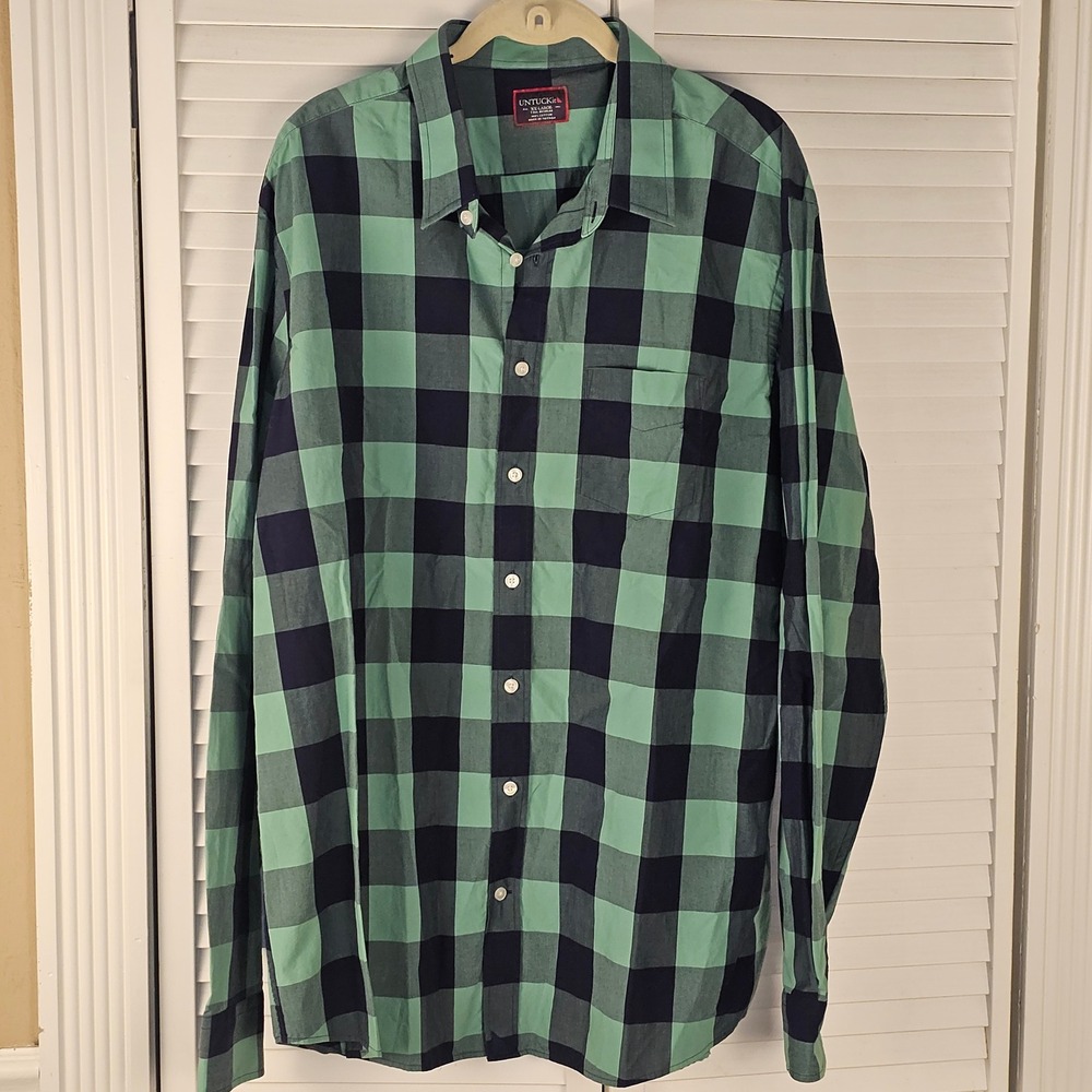 Untuckit Mens Green Buffalo Check Plaid Long Sleeve Button Down Shirt XXL Tall R